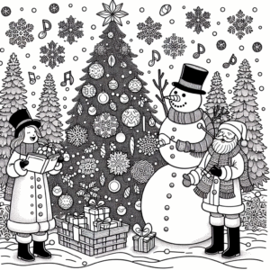 Coloring page of a Christmas tree, caroler building a snowman