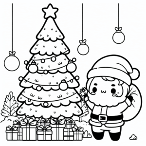 Coloring page of a Christmas tree, gift giver decorating a tree