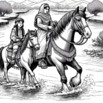 Coloring page of a Clydesdale female rider, village girl on a pony crossing a river
