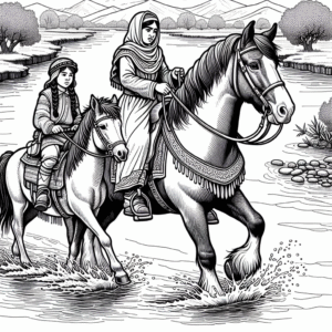 Coloring page of a Clydesdale female rider, village girl on a pony crossing a river