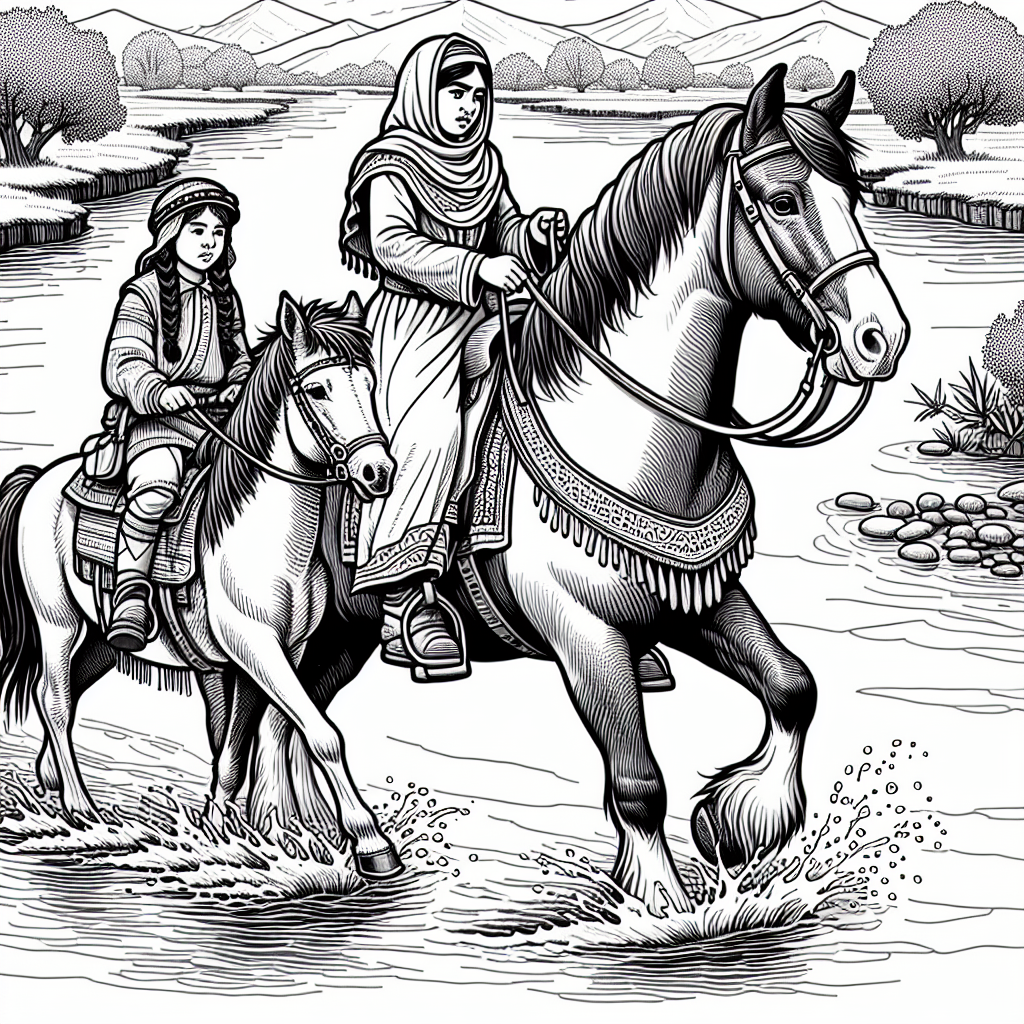 Coloring page of a Clydesdale female rider, village girl on a pony crossing a river
