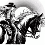 Coloring page of a Clydesdale young woman on horseback, cowgirl riding at sunset