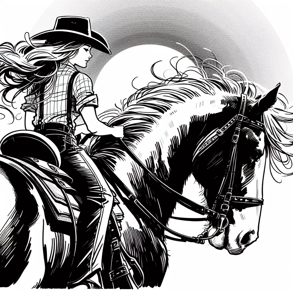 Page à colorier d'une jeune femme Clydesdale à cheval, cowgirl chevauchant au coucher du soleil