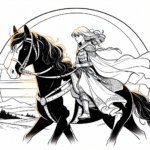 Coloring page of a Clydesdale young woman on horseback, medieval knightess riding at sunset