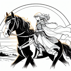 Coloring page of a Clydesdale young woman on horseback, medieval knightess riding at sunset