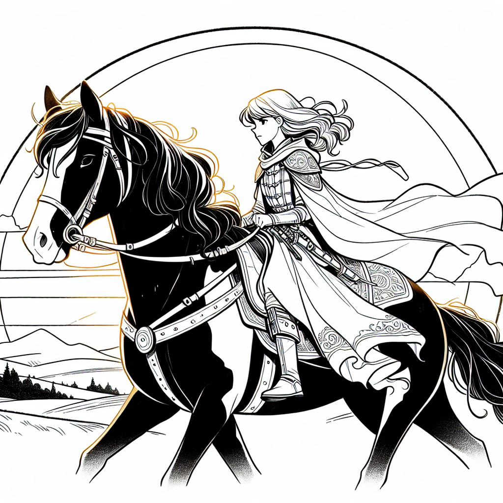 Page à colorier d'une jeune femme Clydesdale à cheval, chevalière médiévale chevauchant au coucher du soleil