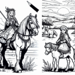 Page à colorier d’une jeune femme Clydesdale à cheval, fille de village sur un poney, chevauchant au coucher du soleil