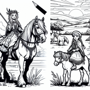 Coloring page of a Clydesdale young woman on horseback, village girl on a pony riding at sunset