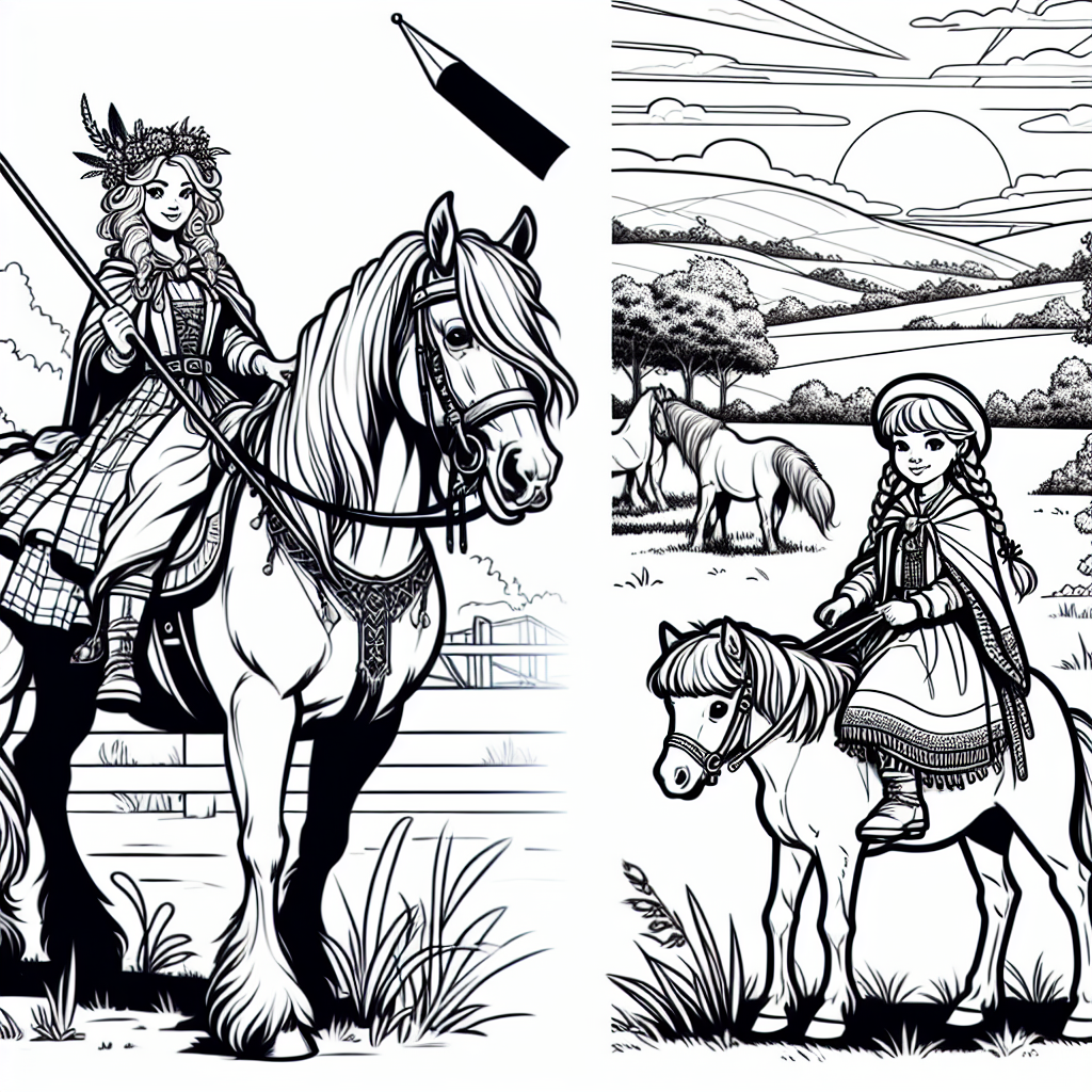 Page à colorier d'une jeune femme Clydesdale à cheval, fille de village sur un poney, chevauchant au coucher du soleil