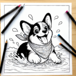 Page à colorier d’un chien Corgi, chiot énergétique nageant dans un lac