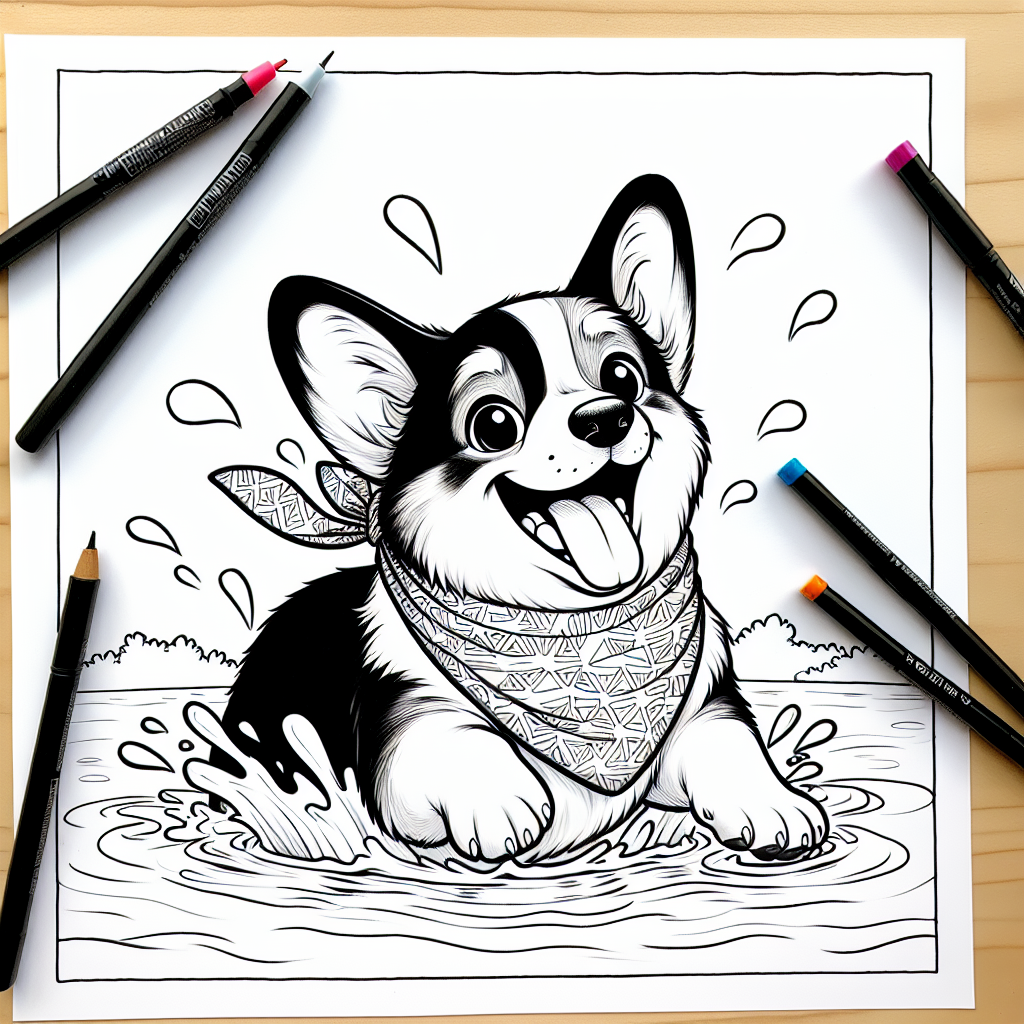 Coloring page of a Corgi dog, energetic pup swimming in a lake