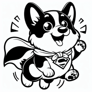 Coloring page of a Corgi dog, playful friend jumping in excitement