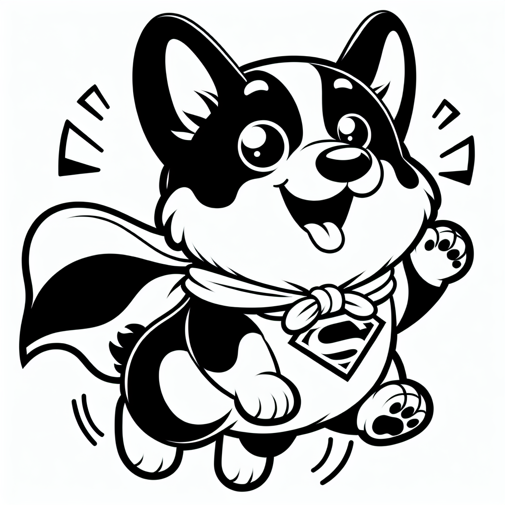 Coloring page of a Corgi dog, playful friend jumping in excitement