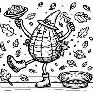 Coloring page of a cornucopia character, thanksgiving dinner guest dancing in autumn leaves