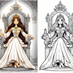 Page de coloriage d’une princesse enchantée, charmante dirigeante assise sur un trône