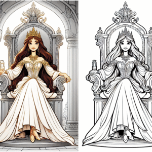 Coloring page of a enchanted princess, charming leader sitting on a throne