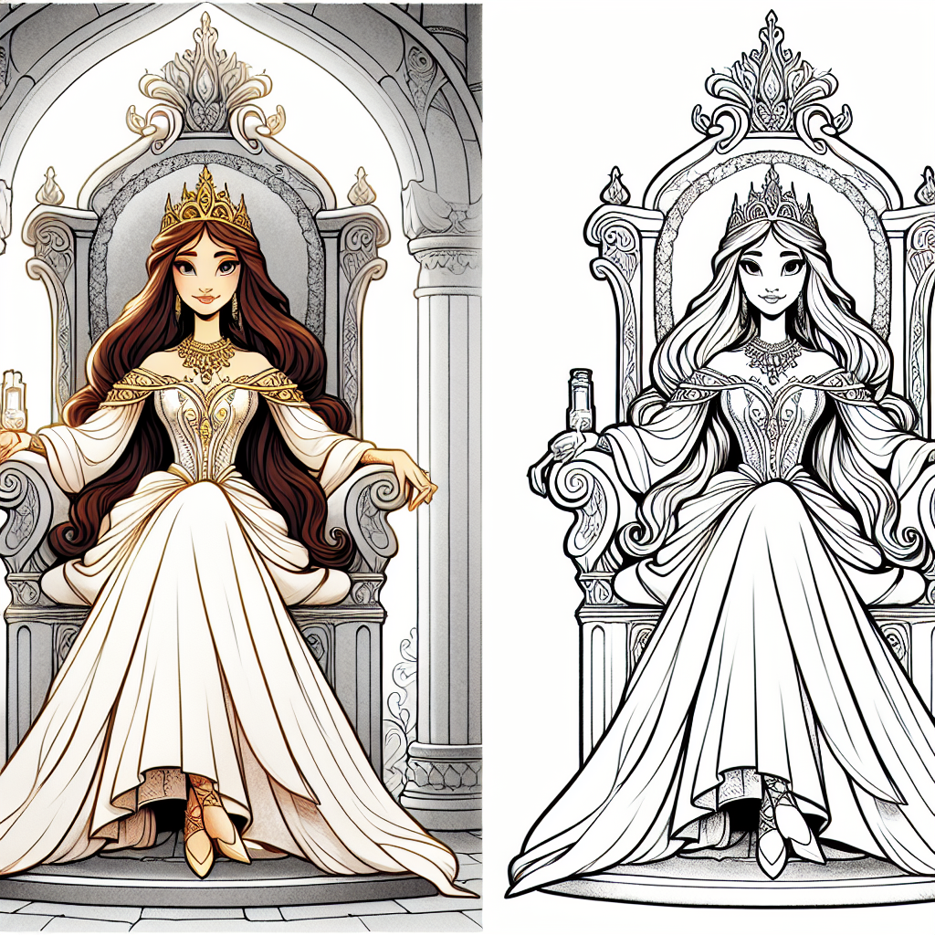 Coloring page of a enchanted princess, charming leader sitting on a throne