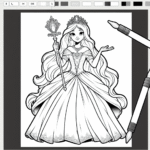 Coloring page of a enchanted princess, kind ruler holding a scepter