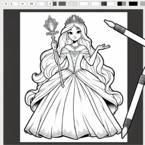 Coloring page of a enchanted princess, kind ruler holding a scepter