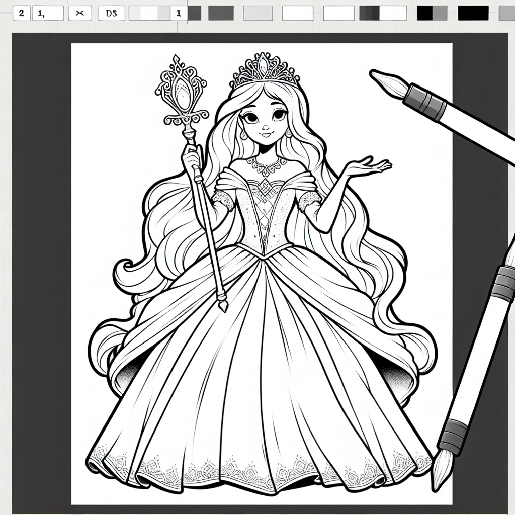 Coloring page of a enchanted princess, kind ruler holding a scepter