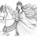 Page à colorier d’une princesse enchantée, beauté royale chevauchant un cheval blanc