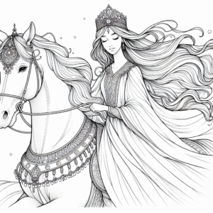 Coloring page of a enchanted princess, royal beauty riding a white horse