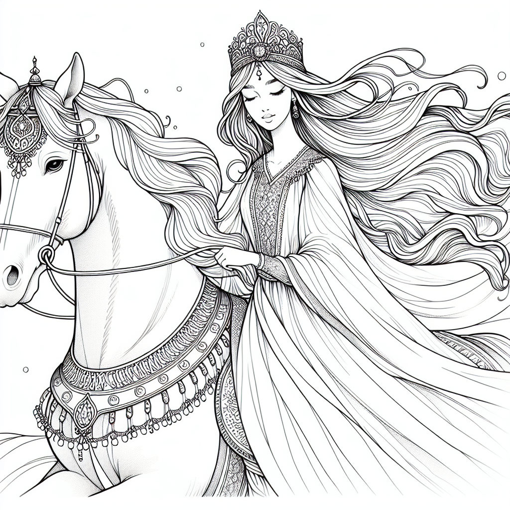 Coloring page of a enchanted princess, royal beauty riding a white horse