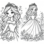 Coloring page of a fairy-tale heroine, gentle dreamer walking in a garden