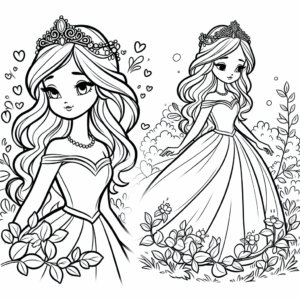 Coloring page of a fairy-tale heroine, gentle dreamer walking in a garden
