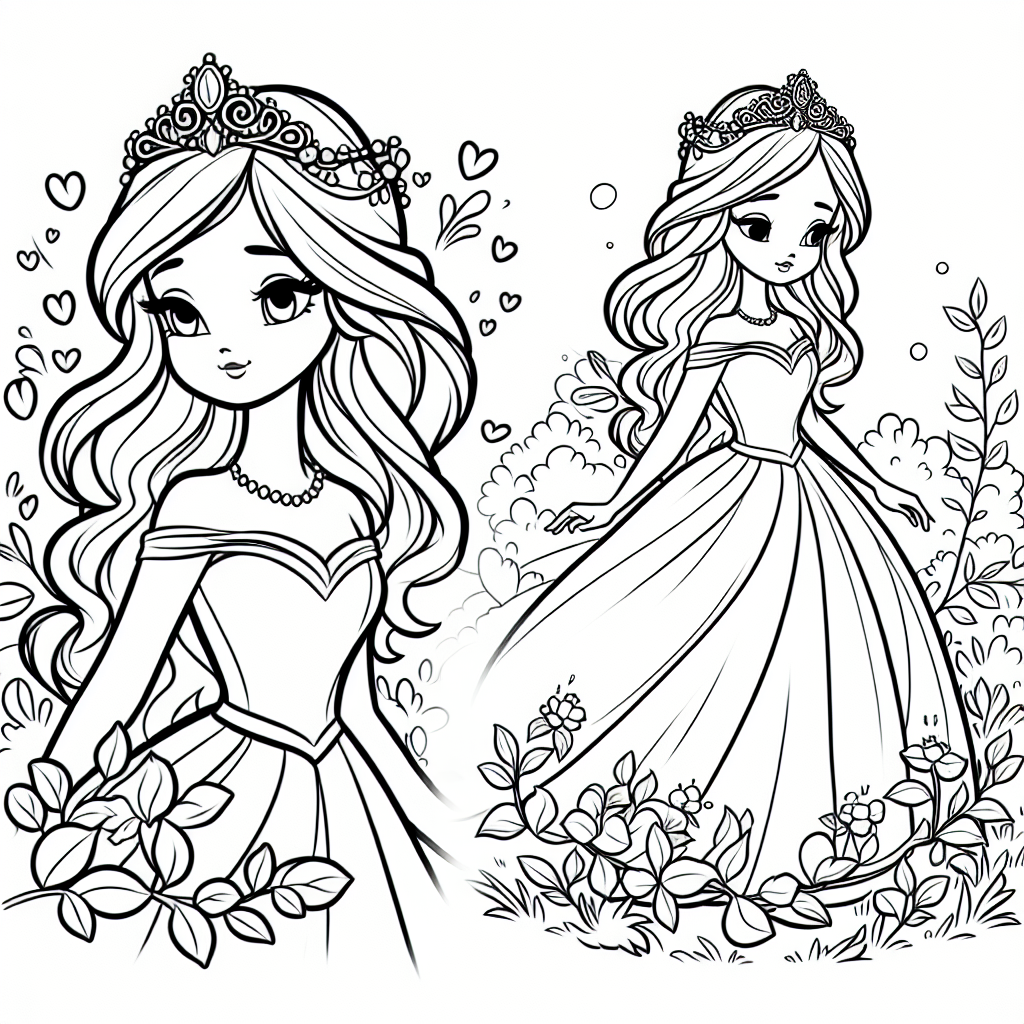 Coloring page of a fairy-tale heroine, gentle dreamer walking in a garden