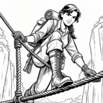 Page de coloriage d’une héroïne intrépide, chercheuse de reliques usées naviguant sur un pont de corde