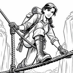 Coloring page of a fearless heroine, timeworn relic seeker navigating a rope bridge