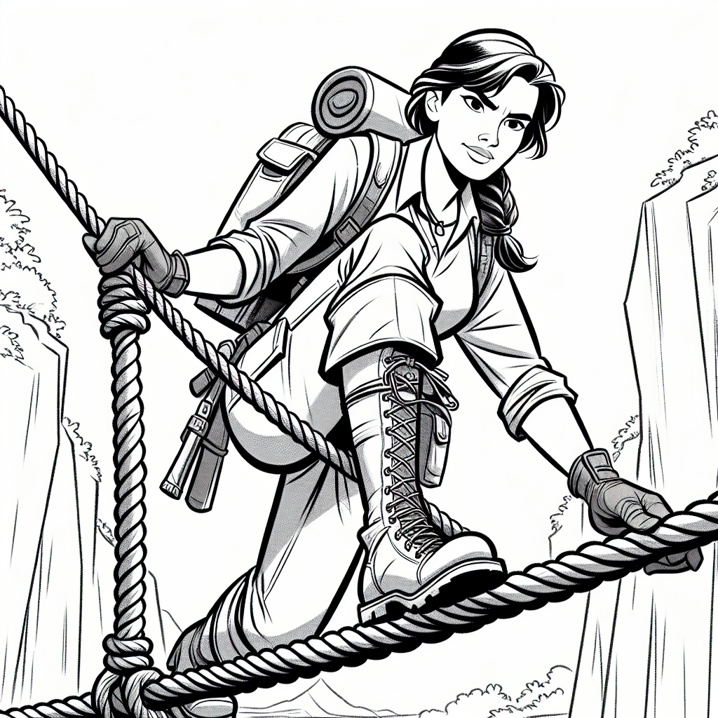 Coloring page of a fearless heroine, timeworn relic seeker navigating a rope bridge