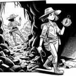 Page à colorier d’une archéologue féminine, exploratrice de grottes traversant des ruines