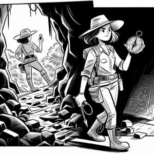 Coloring page of a female archaeologist, cave explorer walking through ruins