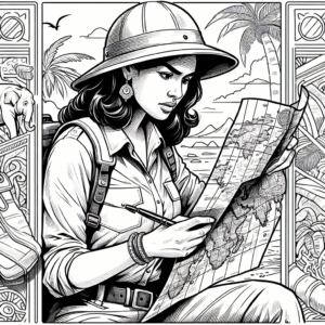 Coloring page of a female archaeologist, timeworn relic seeker looking at a map