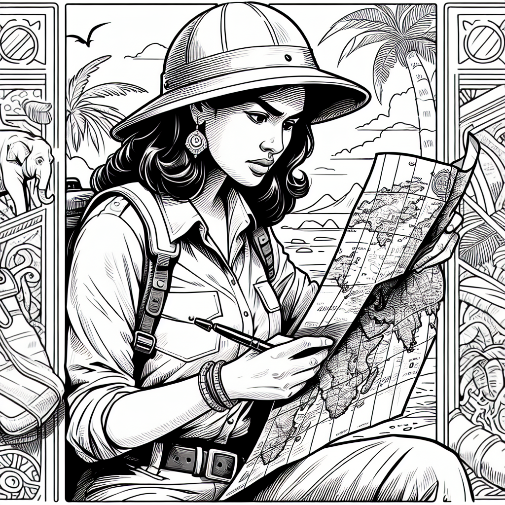 Coloring page of a female archaeologist, timeworn relic seeker looking at a map