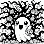 Coloring page of a friendly ghost, costume wearer hiding in a spooky tree
