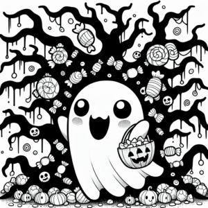 Coloring page of a friendly ghost, costume wearer hiding in a spooky tree
