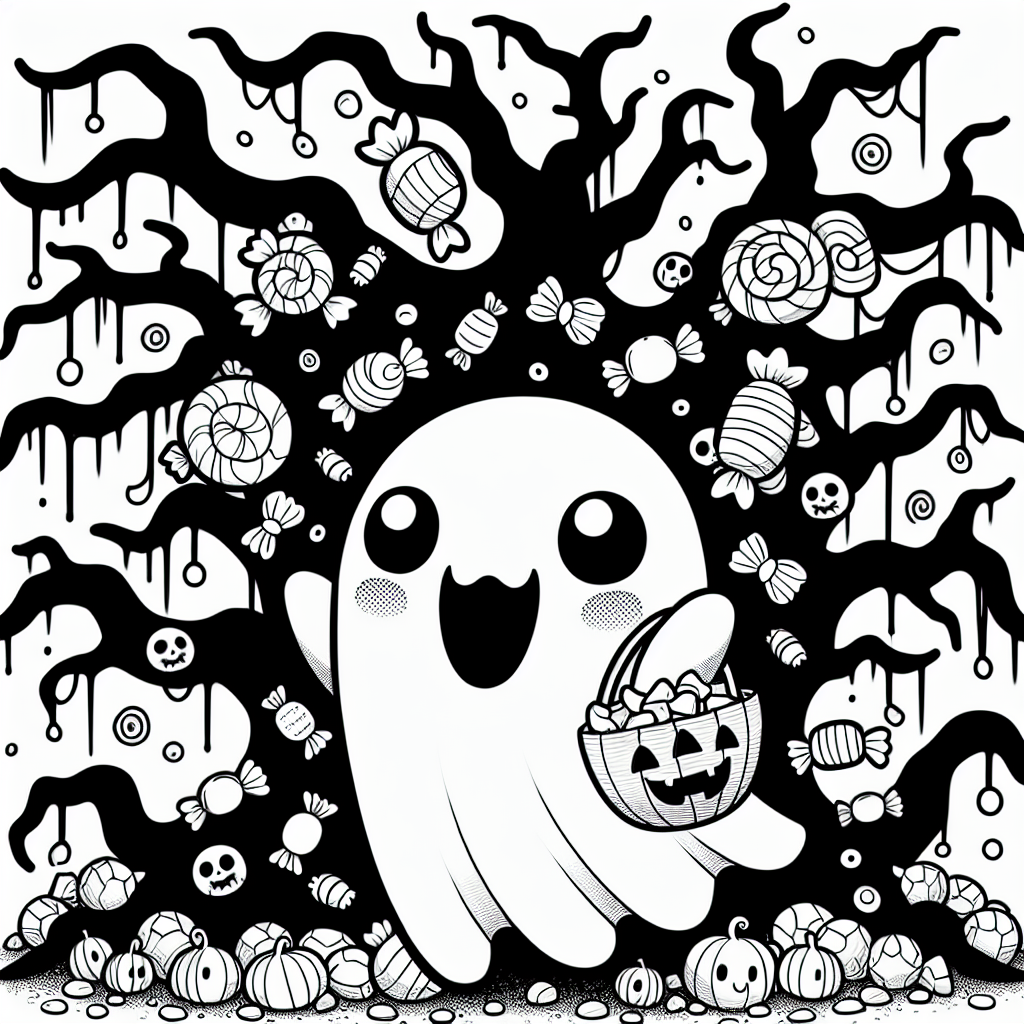 Coloring page of a friendly ghost, costume wearer hiding in a spooky tree