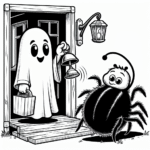 Page à colorier d’un fantôme amical, rampante effrayante sonnant une sonnette