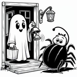 Coloring page of a friendly ghost, creepy crawler ringing a doorbell