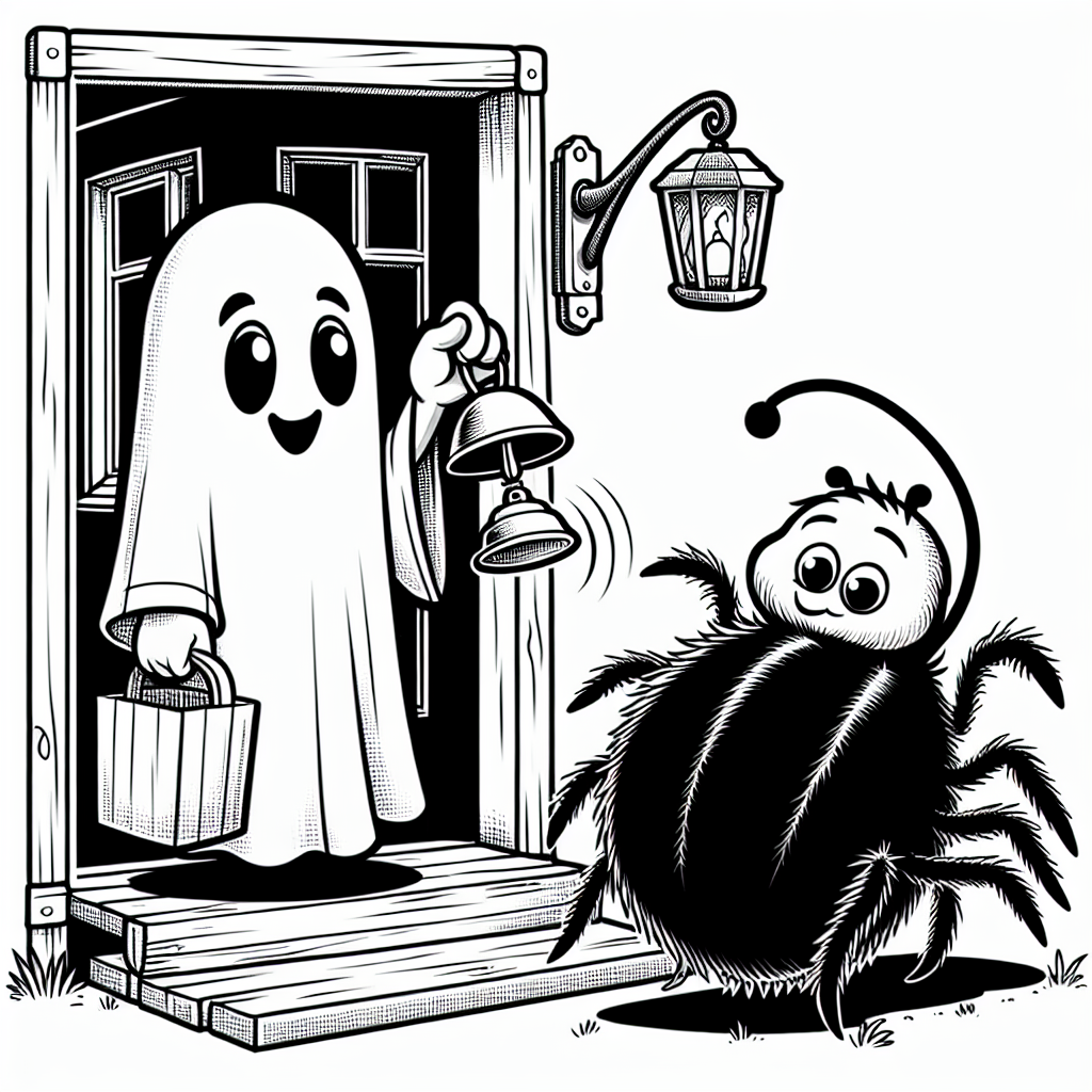Page à colorier d'un fantôme amical, rampante effrayante sonnant une sonnette