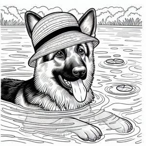 Coloring page of a German Shepherd dog, curious explorer swimming in a lake