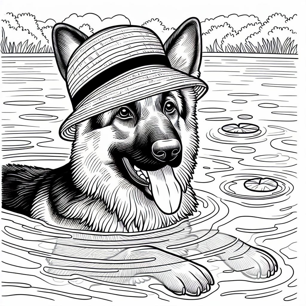 Coloring page of a German Shepherd dog, curious explorer swimming in a lake
