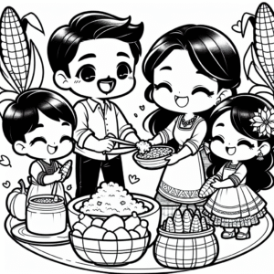 Coloring page of a happy family, family member preparing a feast