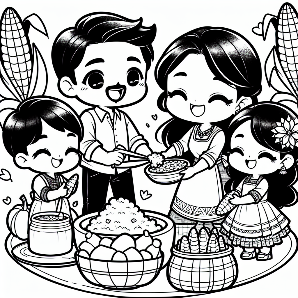 Coloring page of a happy family, family member preparing a feast