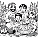 Page à colorier d’une famille heureuse, animal de la forêt récoltant du maïs