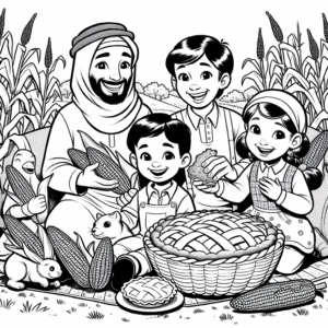 Coloring page of a happy family, forest animal harvesting corn