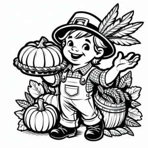 Coloring page of a harvest farmer, family member carrying a pumpkin pie